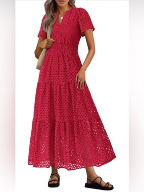 PRETTYGARDEN Red Eyelet Maxi Dress NWT Small Cotton V-Neck Short Sleeve